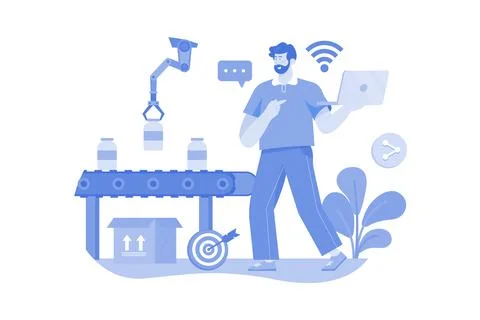 Worker Using Wi-Fi From Laptop Controlling Conveyor Lines Of Automatic Factor Stockillustratie