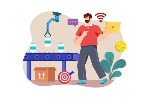 Worker using wifi from laptop controlling conveyor lines of automatic factory Stockillustratie