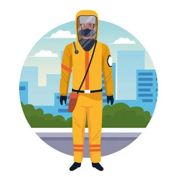 Worker using yellow protection virus suit character 스톡 일러스트