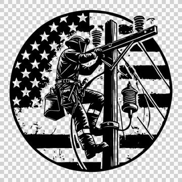 Worker On Utility Pole Emblem working flag lines circular Ilustración de archivo