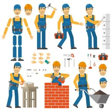 Worker in various poses. Customizable Worker with tools and work clothes Stock Illustration