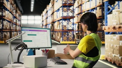 Worker verifying cardboard boxes and awb tags for parcel tracking Stock Footage 312837644