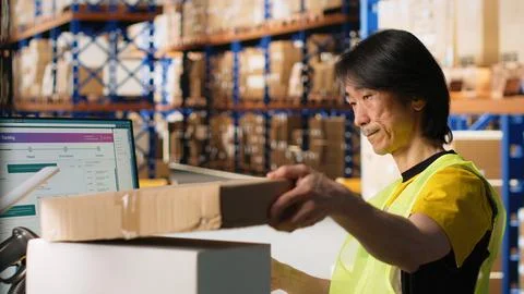Worker verifying cardboard boxes and awb tags for parcel tracking Stock Photos