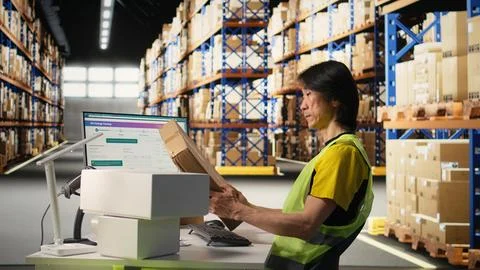Worker verifying cardboard boxes and awb tags for parcel tracking Stock Photos