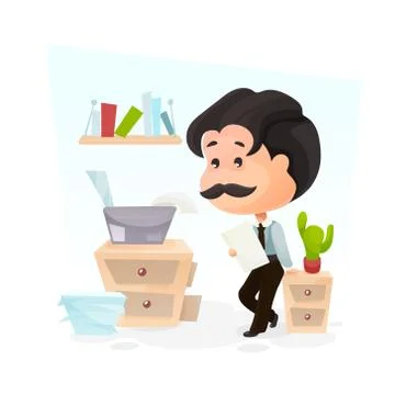 Worker is waiting for printing documents, cartoon Stock Illustration