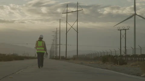 Worker Walks Down Road Inspecting Power Lines in Desert Stock Footage 208781053