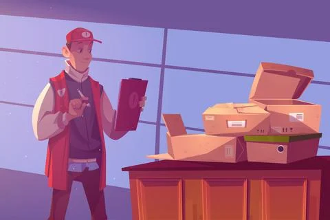 Worker in warehouse with cardboard boxes on table Stock Illustration