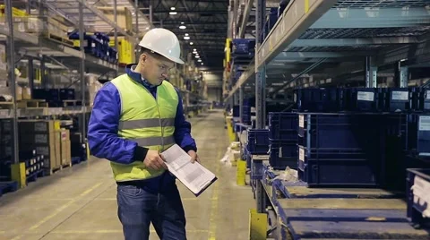 Worker on warehouse going along racks and checking containers on shelves Stock Footage 61136015