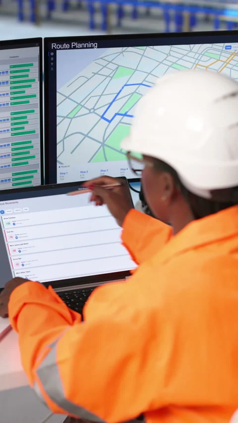 Worker In Warehouse Uses Computer To Manage Inventory Stock Footage 339186628