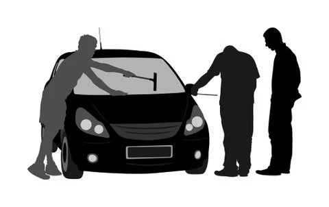 Worker washing car windows vector silhouette. Pit stop vehicle Stock Illustration