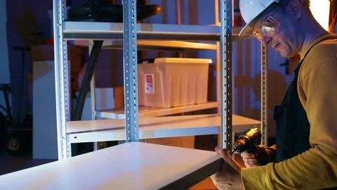 Worker wearing hard hat assembles the industrial shelf rack Stock Footage 145881893