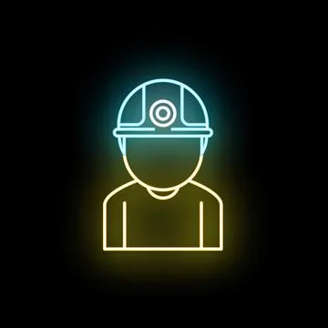 Worker wearing hard hat neon line icon Stock Illustration