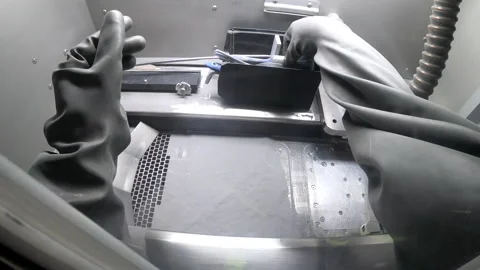 Worker Wearing Isolated Rubber Gloves Inside Metal 3D Printer Working Chamber Stock Footage 166283988