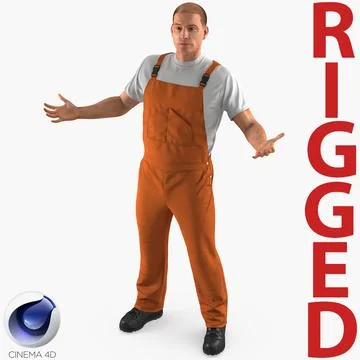 Worker Wearing Orange Overalls Rigged for Cinema 4D ~ 3D Model #91002242