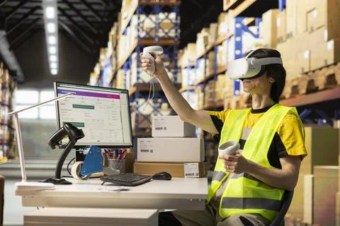 Worker wearing a VR headset for 3D simulation powered by artificial intelligence Stock Photos