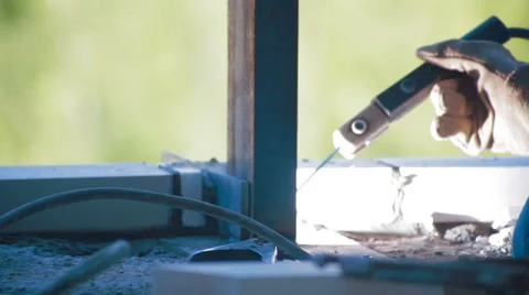 Worker Welding metal beam Construction site Stock Footage 58079651
