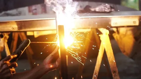 Worker welding metal. slow motion shot Stock Footage 71001142