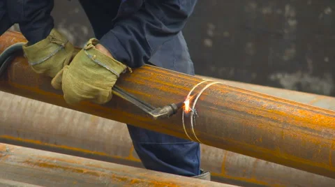 Worker Welding Pipe. Rusty Pipes. Welding Works. Closeup Stock Footage 64640661