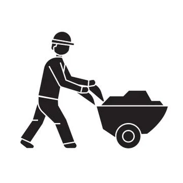 Worker with wheelbarrow black vector concept icon. Worker with wheelbarrow flat Illustrazione stock
