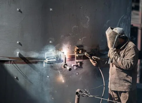 Worker while doing a industrial welding outdoor Stock Photos