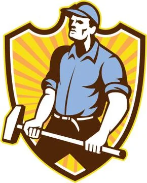Worker wielding sledgehammer crest retro Stock Illustration
