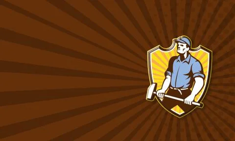 Worker Wielding Sledgehammer Crest Retro Stock Illustration