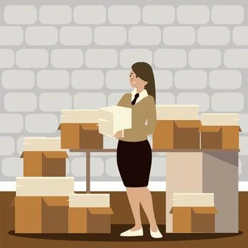 Worker woman office with various stack paperwork in boxes Illustrazione stock