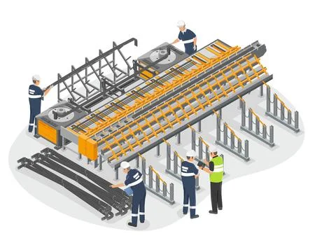 Worker working on Big Danger Machine on factory Stock Illustration