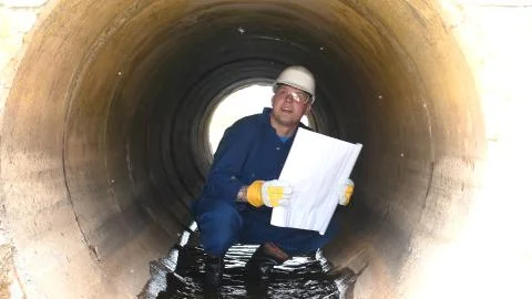 A worker in a working uniform, rubber boots checks the sewage canal inside Stock Photos