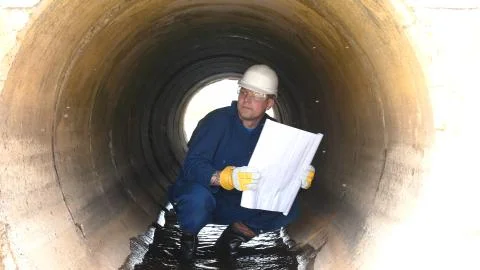 A worker in a working uniform, rubber boots checks the sewage canal inside Stock-Fotos