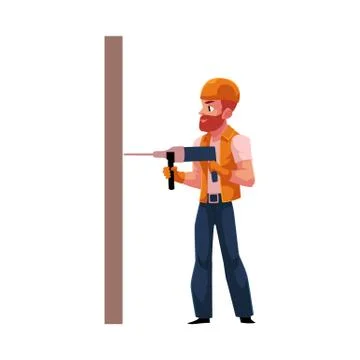 Worker, workman, builder in helmet, overalls and vest drilling the wall Illustrazione stock