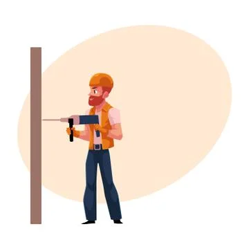 Worker, workman, builder in helmet, overalls and vest drilling the wall Stock Illustration