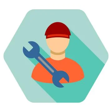 Worker Wrench Flat Hexagon Icon with Long Shadow Stock Illustration