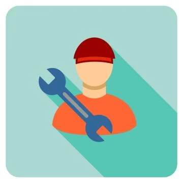 Worker Wrench Flat Rounded Square Icon with Long Shadow Stock Illustration