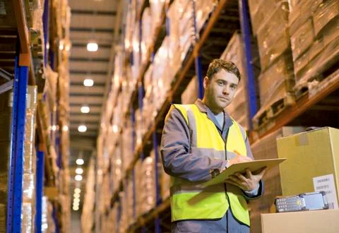 Worker writing on clipboard in warehouse Stock Photos
