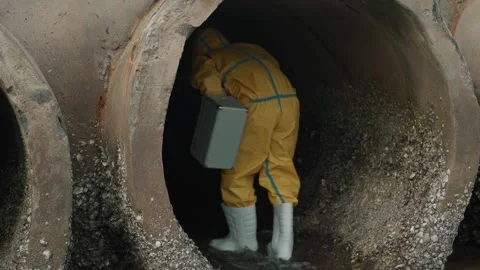 Worker in yellow suit explores dark, muddy drainage pipe Stock Footage 346120403