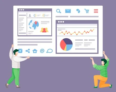 Workers, admins, team of colleagues making web analytics, analysing social Stock Illustration