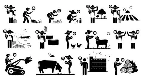 Workers from agriculture industry using mobile app technology with their smar Illustrazione stock