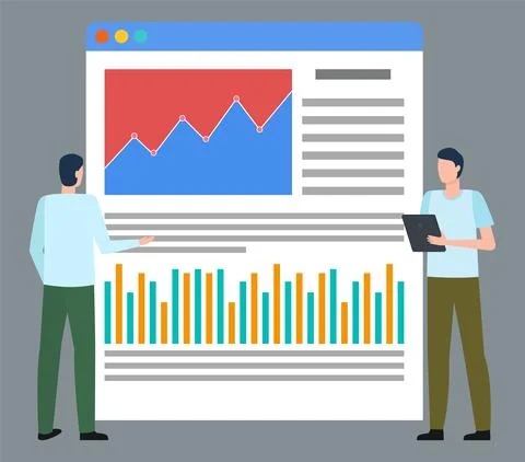 Workers Analyzing Data on Screen, Flowcharts Set Illustrazione stock