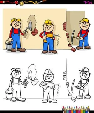 Workers and builders characters group color book Cartoon Illustration of M... Stock Photos