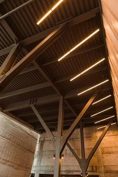 Workers and builders focus on installing lighting in a structure with metal b Photos