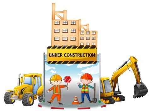 Workers and building under construction Ilustración de archivo