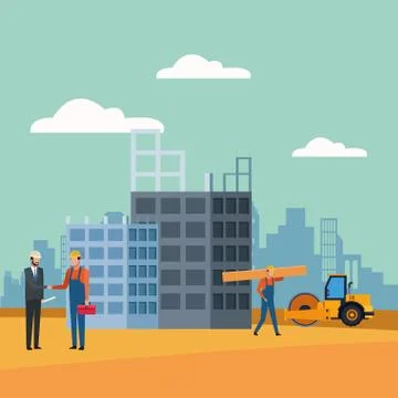 Workers and enginner over under construction scenery background Stock Illustration