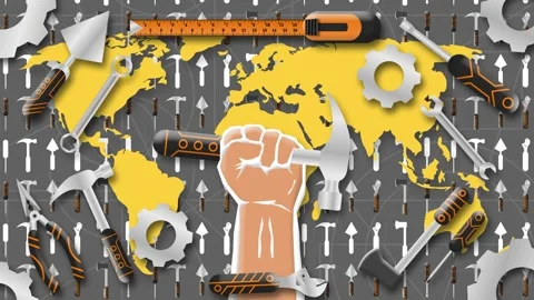 Workers and labour day animation with hammer holding hand and world map Vidéo 273247755
