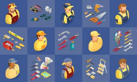 Workers and tools symbols isolated on blue. Isometric projection Illustrazione stock
