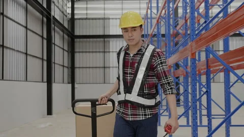 Workers are active Put box on forklift in warehouse for logistics distribution. Stock Footage 159533644
