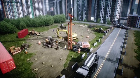 Workers are actively involved in the construction. 4k animation. Stock Footage 328539918