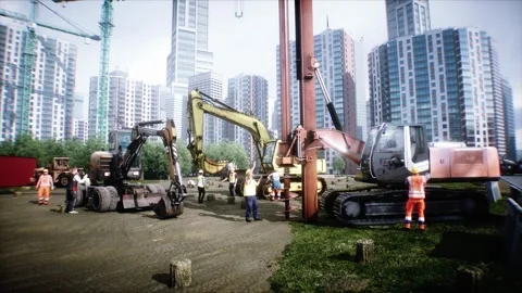 Workers are actively involved in the construction. 4k animation. Stock Footage 328540041