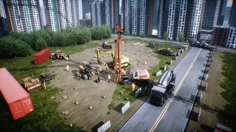 Workers are actively involved in the construction of a multi-story building Stock Illustration