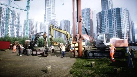 Workers are actively involved in the construction of a multi-story building Stock Illustration